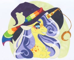 Size: 3640x2984 | Tagged: safe, artist:frozensoulpony, derpibooru import, oc, oc:wyken pippen, pony, unicorn, bust, hat, male, portrait, pride, pride flag, solo, stallion, traditional art, witch hat