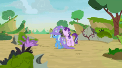 Size: 520x293 | Tagged: safe, derpibooru import, screencap, pharynx, starlight glimmer, trixie, changeling, pony, unicorn, season 7, to change a changeling, animated, cape, clothes, eyes closed, female, flying, gif, hat, magic, male, mare, open mouth, open smile, smiling, spread wings, telekinesis, trio, trixie's cape, trixie's hat, wings