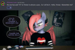 Size: 1920x1288 | Tagged: safe, artist:willitfit, derpibooru import, oc, oc:tristan sev, anthro, bat pony, 3d, arm warmers, bat wings, bed, bedroom, clothes, desk, emo, emo hair, green eyes, heart, keyboard, mousepad, pink hair, poster, question and answer, shirt, solo, source filmmaker, speech, t-shirt, talking, wings