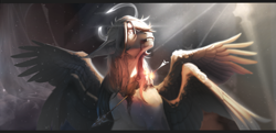 Size: 3813x1853 | Tagged: safe, artist:koffeynik, derpibooru import, oc, pegasus, pony, arrow, backlighting, blood, candle, fangs, halo, injured, solo, wings