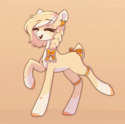 Size: 1787x1769 | Tagged: safe, artist:_alixxie_, derpibooru import, oc, oc only, deer, deer pony, original species, pony, bow, braid, doe, ear piercing, earring, eyes closed, female, freckles, garter, gradient background, hair bow, jewelry, mare, open mouth, open smile, piercing, smiling, solo, tail, tail bow