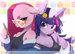 Size: 2748x2000 | Tagged: safe, artist:potetecyu_to, derpibooru import, pinkie pie, twilight sparkle, anthro, earth pony, unicorn, arm hooves, backwards ballcap, baseball cap, breasts, cap, cellphone, cleavage, clothes, duo, ears, female, floppy ears, hat, hoof hold, looking at you, mare, off shoulder, phone, pinkamena diane pie, smartphone, sunglasses, tanktop