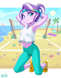 Size: 1000x1287 | Tagged: safe, artist:uotapo, derpibooru import, diamond tiara, equestria girls, adorasexy, alternate hairstyle, armpits, beach, belly button, clothes, cute, diamondbetes, gameloft, headband, midriff, ocean, palm tree, pants, ponytail, sand, sexy, shoes, sleeveless, sneakers, socks, solo, sports, sports outfit, summer, sweatpants, tanktop, tree, volleyball net, water