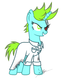 Size: 6000x7676 | Tagged: safe, artist:kaitykat117, derpibooru import, oc, oc only, oc:mythic vision(kaitykat), pony, unicorn, absurd resolution, alternate timeline, amputee, blind, clothes, disabled, evil grin, female, grin, horn, lab coat, mad scientist, mare, prosthetic eye, prosthetics, scientist, short hair, short mane, short tail, simple background, smiling, solo, tail, torn ear, transparent background, tyranny!au(kaity), unicorn oc