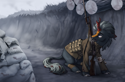 Size: 2594x1700 | Tagged: safe, artist:28gooddays, derpibooru import, oc, oc only, kirin, bandage, bayonet, blood, exhausted, gun, injured, sandbag, shotgun, solo, steam, trench, weapon, world war i