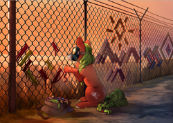 Size: 2425x1727 | Tagged: safe, artist:28gooddays, derpibooru import, oc, oc only, pony, bag, barbed wire, chain link fence, fence, gas mask, mask, ribbon, solo