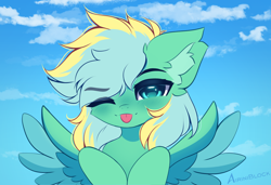 Size: 1580x1080 | Tagged: safe, artist:airiniblock, derpibooru import, oc, oc only, oc:typhoon, pegasus, pony, ;p, one eye closed, pegasus oc, rcf community, sky, sky background, solo, tongue, tongue out, wings