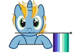 Size: 762x545 | Tagged: safe, artist:hazel bloons, derpibooru import, oc, oc only, oc:sunny dawn, pony, unicorn, 1000 hours in ms paint, blue coat, bust, commission, cute, flag, gay pride flag, green eyes, holding, holding a flag, looking at you, male, mouth hold, pride, pride flag, pride month, simple background, smiling, solo, transparent background, ych result, yellow hair