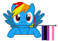 Size: 763x544 | Tagged: safe, artist:hazel bloons, derpibooru import, oc, oc only, oc:sunamena, pegasus, pony, 1000 hours in ms paint, blue coat, bust, commission, cute, female, flag, genderfluid pride flag, holding, holding a flag, looking at you, mouth hold, multicolored hair, pride, pride flag, pride month, red eyes, simple background, smiling, solo, transparent background, wings, ych result