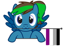 Size: 763x545 | Tagged: safe, artist:hazel bloons, derpibooru import, oc, oc only, pegasus, pony, asexual pride flag, blue coat, blue eyes, bust, commission, cute, female, flag, holding, holding a flag, looking at you, mouth hold, multicolored hair, pride, pride flag, pride month, simple background, smiling, solo, transparent background, wings, ych result