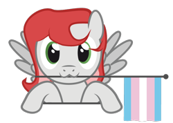 Size: 762x544 | Tagged: safe, artist:hazel bloons, derpibooru import, oc, oc only, oc:benevolence, pegasus, pony, bust, commission, cute, female, flag, green eyes, holding, holding a flag, looking at you, mouth hold, pride, pride flag, pride month, red hair, simple background, smiling, solo, transgender pride flag, transparent background, white coat, ych result