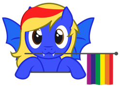 Size: 762x544 | Tagged: safe, artist:hazel bloons, derpibooru import, oc, oc only, bat pony, pony, blue coat, brown eyes, bust, commission, cute, fangs, flag, holding, holding a flag, looking at you, male, mouth hold, multicolored hair, pride, pride flag, pride month, rainbow flag, simple background, smiling, solo, transparent background, wings, ych result, yellow hair