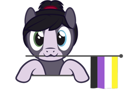 Size: 762x545 | Tagged: safe, artist:hazel bloons, derpibooru import, oc, oc only, oc:eden, earth pony, pony, black hair, blue eyes, bust, commission, cute, flag, gray coat, green eyes, heterochromia, holding, holding a flag, looking at you, mouth hold, nonbinary pride flag, ponytail, pride, pride flag, pride month, simple background, smiling, solo, transparent background, ych result