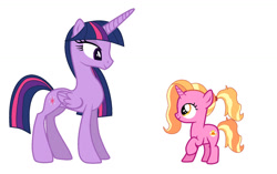 Size: 1280x806 | Tagged: safe, artist:frostninja007, derpibooru import, luster dawn, twilight sparkle, twilight sparkle (alicorn), alicorn, pony, unicorn, the last problem, blue mane, blue tail, female, filly, filly luster dawn, foal, looking at each other, looking at someone, multicolored mane, multicolored tail, older, older twilight, orange mane, orange tail, pink coat, ponytail, princess of friendship, purple coat, purple mane, purple tail, smiling, tail, twilight sparkle's cutie mark, younger