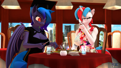 Size: 1920x1080 | Tagged: safe, artist:anthroponiessfm, derpibooru import, oc, oc only, oc:audina puzzle, oc:wavelength, anthro, bat pony, 3d, anthro oc, bat pony oc, breasts, cleavage, clothes, cute, dinner, dress, duo, eating, eyes closed, female, graduation cap, hat, looking at each other, looking at someone, source filmmaker, wholesome