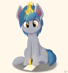 Size: 2790x3000 | Tagged: safe, artist:arcane-thunder, derpibooru import, oc, oc only, oc:arcane thunder, pony, unicorn, drawing, glowing, glowing horn, horn, magic, male, paper, pencil, simple background, sitting, smiling, solo, stallion, telekinesis, unicorn oc, white background