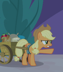 Size: 476x541 | Tagged: safe, derpibooru import, screencap, applejack, earth pony, pony, g4, season 9, the summer sun setback, spoiler:s09, angry, animated, apple, applejack's hat, cart, clothes, cowboy hat, female, food, frown, gif, hat, mare, open mouth, solo, teeth, throwing, yelling