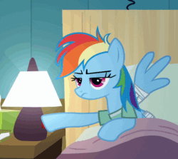 Size: 640x572 | Tagged: safe, derpibooru import, screencap, rainbow dash, pegasus, pony, g4, read it and weep, season 2, animated, bandage, bandaged wing, bed, cropped, female, gif, hospital bed, hospital gown, lamp, mare, solo, wings