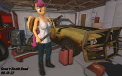 Size: 1118x699 | Tagged: safe, artist:robertwtf, derpibooru import, scootaloo, anthro, pegasus, 3d, big breasts, boobaloo, breasts, female, folded wings, frown, gun, handgun, knife, looking at you, nexgen, partially open wings, pistol, solo, source filmmaker, vehicle, weapon, wings