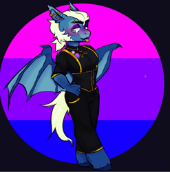 Size: 779x789 | Tagged: safe, artist:tyotheartist, derpibooru import, oc, oc:frosty swords, anthro, bat pony, bisexual pride flag, clothes, corset, ear piercing, eyebrow piercing, piercing, pride, pride flag, pride month, transgender pride flag