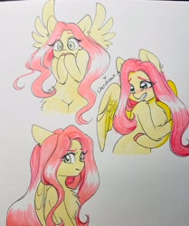 Size: 2594x3098 | Tagged: safe, artist:cherubisous, derpibooru import, fluttershy, pegasus, pony, blushing, cute, eye clipping through hair, eyebrows, eyebrows visible through hair, female, grin, high res, looking at you, mare, multeity, partially open wings, shy, shy smile, shyabetes, signature, smiling, solo, spread wings, surprised, traditional art, wings