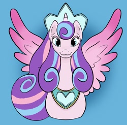 Size: 1979x1946 | Tagged: safe, artist:amynewblue, derpibooru import, princess flurry heart, alicorn, pony, adult flurry heart, crown, eyebrows, female, front view, heart, jewelry, light blue background, looking at you, mare, older, older flurry heart, peytral, regalia, signature, simple background, smiling, smiling at you, solo, spread wings, wings