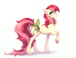 Size: 2424x1863 | Tagged: safe, artist:sparkling_light, derpibooru import, roseluck, earth pony, pony, bow, butt, collar, commission, commissioner:doom9454, cute, cuteluck, female, long tail, looking at you, mare, pet collar, pet tag, plot, rosepet, side view, simple background, smiling, smiling at you, solo, sparkles, tail, tail bow, white background