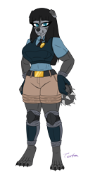 Size: 2000x4000 | Tagged: safe, artist:tertonda, oc, oc only, oc:morgan graywacke, anthro, diamond dog, digitigrade anthro, abs, anthro oc, badge, clothes, commission, diamond dog oc, digital art, female, female diamond dog, fingerless gloves, gift art, gloves, horn, knee pads, muscles, necktie, police, police badge, police officer, police uniform, shorts, simple background, smiling, solo, tail, transparent background, vest