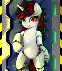 Size: 1772x2029 | Tagged: safe, artist:darksly, derpibooru import, oc, oc only, oc:blackjack, cyborg, pony, unicorn, fallout equestria, fallout equestria: project horizons, amputee, bedroom eyes, body pillow, body pillow design, cyborg pony, fanfic art, female, mare, prosthetic leg, prosthetic limb, prosthetics, solo