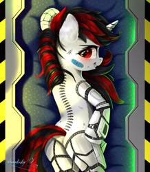 Size: 1772x2029 | Tagged: safe, artist:darksly, derpibooru import, oc, oc only, oc:blackjack, cyborg, pony, unicorn, fallout equestria, fallout equestria: project horizons, amputee, back, bandaid, bedroom eyes, blushing, body pillow, body pillow design, butt, cyborg pony, fanfic art, female, grin, mare, plot, prosthetic leg, prosthetic limb, prosthetics, rear view, smiling, solo