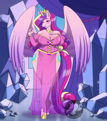 Size: 1138x1280 | Tagged: safe, artist:madebyevilponies, derpibooru import, princess cadance, alicorn, anthro, blushing, breasts, cleavage, clothes, corset, crystal, crystal empire, female, milf, mom bod, partially open wings, princess cansdance, see-through, solo, thighs, wide hips, wings