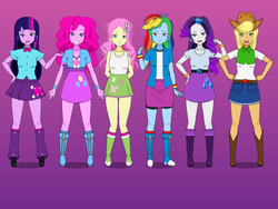 Size: 1032x774 | Tagged: safe, artist:dangerwedgier, derpibooru import, applejack, fluttershy, pinkie pie, rainbow dash, rarity, twilight sparkle, equestria girls, belt, boots, clothes, cowboy boots, cowboy hat, hat, high heel boots, humane five, humane six, jacket, kisekae, shirt, shoes, simple background, skirt, socks, solo, transparent background, vest