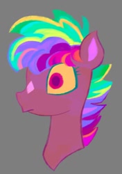 Size: 554x786 | Tagged: safe, artist:villainapplepie, derpibooru import, oc, draconequus, hybrid, golden eyes, head, interspecies offspring, multicolored hair, offspring, parent:discord, parent:twilight sparkle, parents:discolight, rainbow colors, rainbow hair, red eyes, simple background, solo