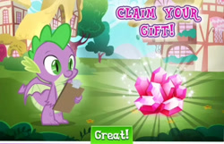 Size: 757x489 | Tagged: safe, derpibooru import, spike, dragon, clipboard, dragon wings, fangs, gameloft, gem, house, male, ponyville, smiling, text, winged spike, wings