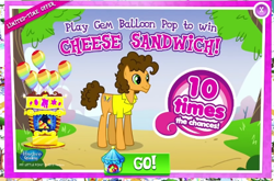 Size: 437x288 | Tagged: safe, derpibooru import, cheese sandwich, princess celestia, alicorn, earth pony, pony, advertisement, balloon, balloon pop, booth, clothes, female, game, gameloft, gem, male, mare, official, shirt, smiling, sparkles, stallion, text