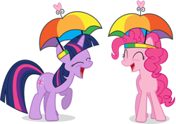 Size: 2909x2062 | Tagged: safe, artist:goblinengineer, derpibooru import, pinkie pie, twilight sparkle, unicorn twilight, earth pony, pony, unicorn, feeling pinkie keen, season 1, .ai available, duo, duo female, eyes closed, female, hat, high res, mare, simple background, transparent background, umbrella hat, vector