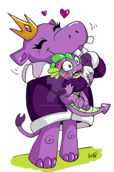 Size: 800x1201 | Tagged: safe, artist:tanichan, derpibooru import, queen of the hippos, spike, dragon, hippopotamus, my little pony: the movie, asphyxiation, crown, cute, deviantart watermark, dialogue, eyelashes, eyes closed, female, floating heart, green eyes, hape, heart, hug, jewelry, kiss mark, lipstick, male, obtrusive watermark, one eye closed, open mouth, personal space invasion, regalia, ruff (clothing), simple background, smiling, suffocating, tail, transparent background, watermark