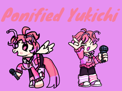 Size: 1116x838 | Tagged: safe, artist:joelleart13, derpibooru import, alien, alien pony, human, hybrid, pony, antenna, blushing, clothes, crossover, eyes closed, friday night funkin', male, microphone, pants, peace sign, pink background, ponified, raised hoof, raised leg, shoes, simple background, smiling, spread wings, stallion, sweater, text, wings, yukichi