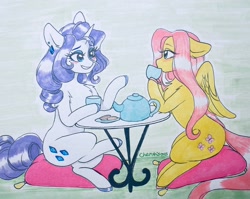 Size: 2576x2051 | Tagged: safe, artist:cherubisous, derpibooru import, fluttershy, rarity, pegasus, pony, unicorn, cafe, cushion, duo, food, hoof hold, sitting, tea, teapot, traditional art