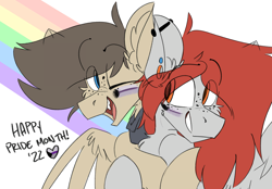 Size: 2782x1936 | Tagged: safe, artist:kirbirb, derpibooru import, oc, oc only, oc:scarlett lane, oc:snaggletooth, pegasus, clothes, ear fluff, ears, freckles, hug, hug from behind, male, piercing, pride, pride flag, pride month, rainbow, scarf