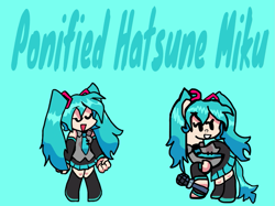 Size: 1119x839 | Tagged: safe, artist:joelleart13, derpibooru import, earth pony, human, pony, blue background, boots, clothes, crossover, eyes closed, female, hatsune miku, mare, microphone, necktie, needs more saturation, pigtails, ponified, raised hoof, raised leg, shoes, simple background, skirt, smiling, text, vocaloid