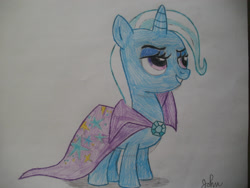 Size: 2828x2121 | Tagged: safe, artist:johnmarkee1995, derpibooru import, trixie, pony, unicorn, 2013, cape, clothes, female, high res, mare, simple background, solo, traditional art, trixie's cape, white background