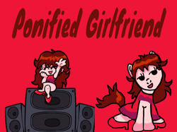 Size: 1118x835 | Tagged: safe, artist:joelleart13, derpibooru import, earth pony, human, pony, clothes, crossover, dress, eyes closed, female, friday night funkin', girlfriend, mare, needs more saturation, ponified, raised hand, red background, simple background, sitting, slippers, smiling, speaker, text
