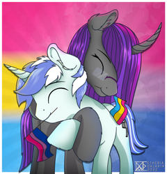 Size: 2073x2160 | Tagged: safe, artist:etheria galaxia, derpibooru import, oc, oc only, alicorn, pony, unicorn, alicorn oc, bisexual pride flag, couple, curved horn, cute, duo, ear fluff, ears, female, horn, hug, lgbt, male, mare, pansexual pride flag, pride, pride flag, stallion, straight, tail, unicorn oc, wings