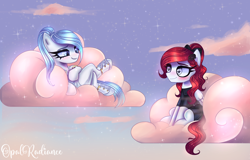 Size: 2736x1752 | Tagged: safe, artist:opal_radiance, derpibooru import, oc, oc only, oc:erika blomenfield, oc:opal rosamond, pegasus, pony, black, blue eyes, blue hair, calm, clothes, cloud, cotton candy, cute, dress, duo, duo female, eyelashes, female, friends, high res, looking at each other, looking at someone, lying down, lying on a cloud, mare, on a cloud, on back, palindrome get, pegasus oc, pink, red hair, signature, silver eyes, sitting, sitting on cloud, sky, smiling, white