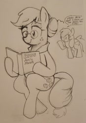 Size: 1300x1853 | Tagged: safe, artist:yidwags, derpibooru exclusive, derpibooru import, apple bloom, applejack, earth pony, pony, book, dialogue, duo, duo female, female, glasses, mare, older, older apple bloom, older applejack, reading, requested art, sitting, smiling, speech bubble, traditional art