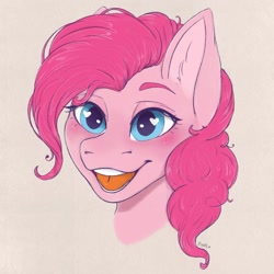 Size: 1200x1200 | Tagged: safe, artist:bellfa, derpibooru import, pinkie pie, earth pony, pony, blue eyes, bust, commission, curly hair, eyelashes, female, looking at you, mare, open mouth, original art, pink hair, portrait, simple background, smiling, smiling at you, solo, wide eyes, ych result
