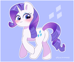 Size: 3736x3147 | Tagged: safe, artist:leo19969525, derpibooru import, rarity, pony, unicorn, blue eyes, blushing, butt, cutie mark, female, hair, horn, looking at you, looking back, looking back at you, mare, simple background, smiling, smiling at you, solo, tail, walking