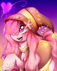 Size: 4007x4966 | Tagged: artist needed, source needed, safe, derpibooru import, oc, oc only, original species, pony, clothes, commission, flower, magic, open mouth, potion, shiny, simple background, smiling, solo, younger