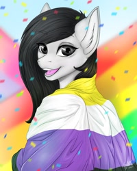 Size: 1600x2004 | Tagged: safe, artist:bellfa, derpibooru import, oc, oc only, anthro, anthro oc, black hair, commission, ear fluff, ears, eyelashes, female, gradient hair, gray eyes, high res, lgbt, looking at you, open mouth, original art, pride, pride flag, smiling, smiling at you, solo, solo female, wide eyes, ych result